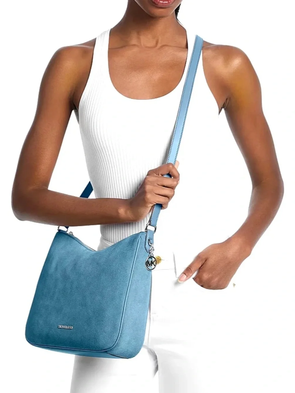 New Michael Kors Nayla Medium Suede Messenger Shoulder Bag Denim